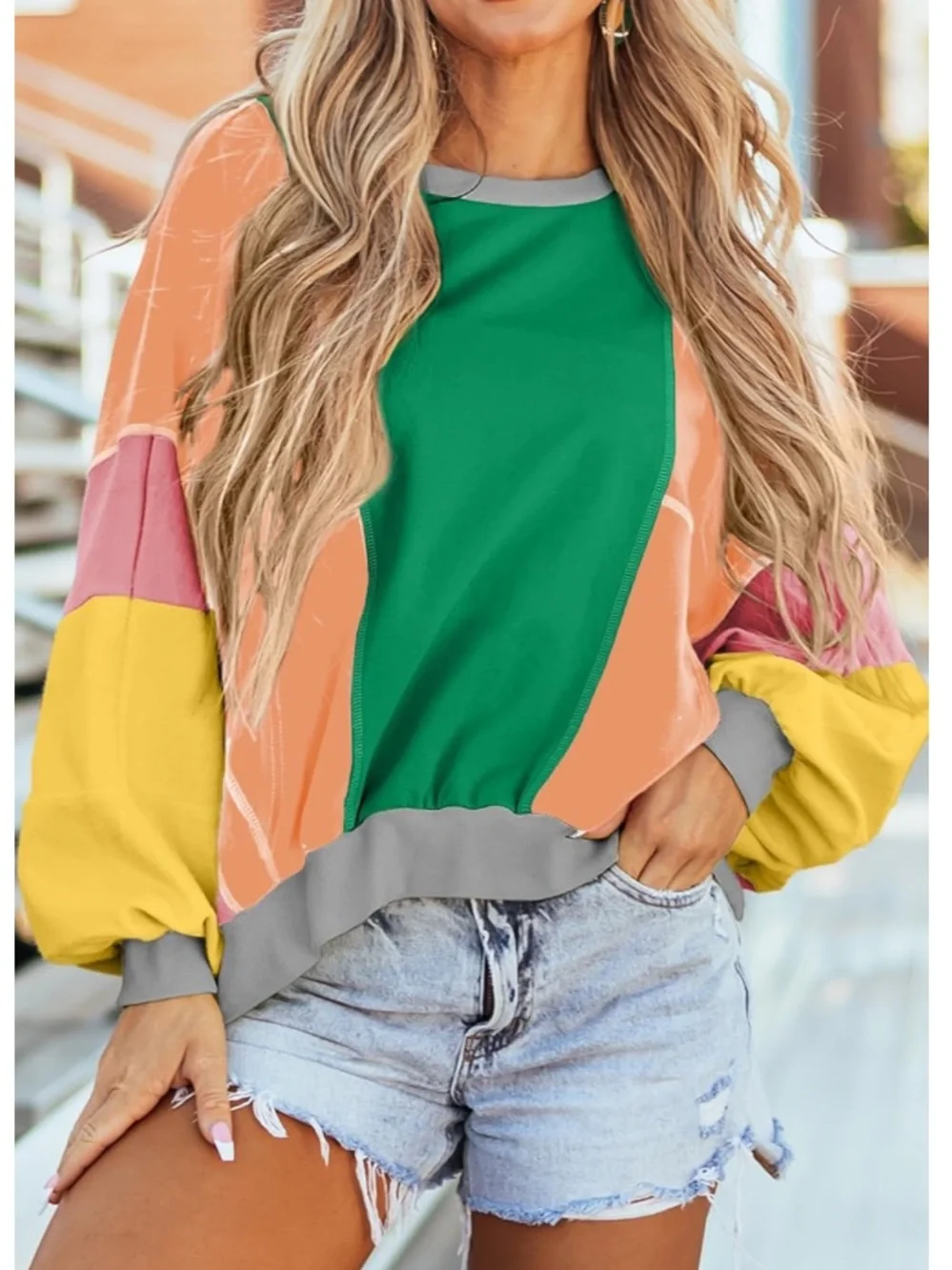 Long Sleeve Oversized Tops Colorblock Patchwork Exposed StitchingPullover 2XL - Picture 4 of 6